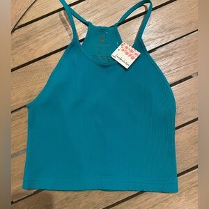 FP Movement by Free People Women's Blue‎ Halter Neck Ribbed Sleeveless Crop Tops